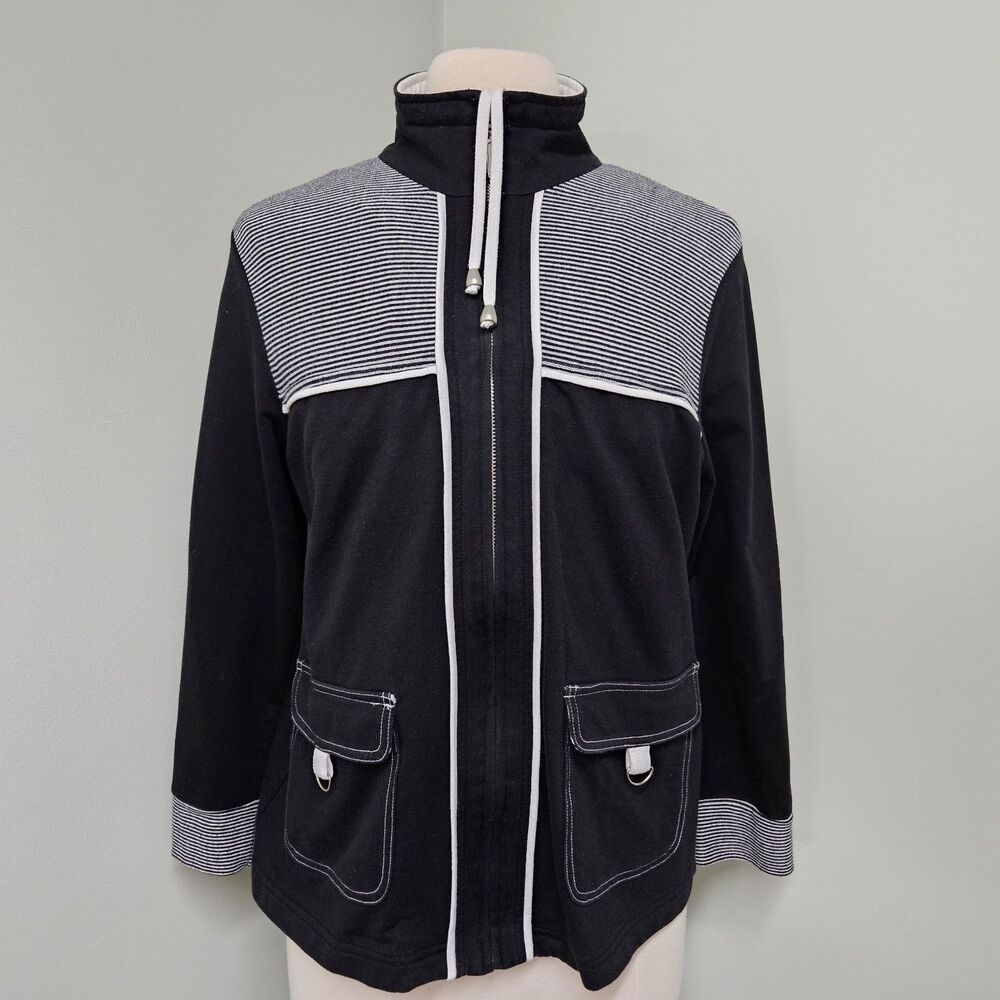 Drapers and Damons Nautical Jacket Full Zip Black White Stripes Pockets Petite M